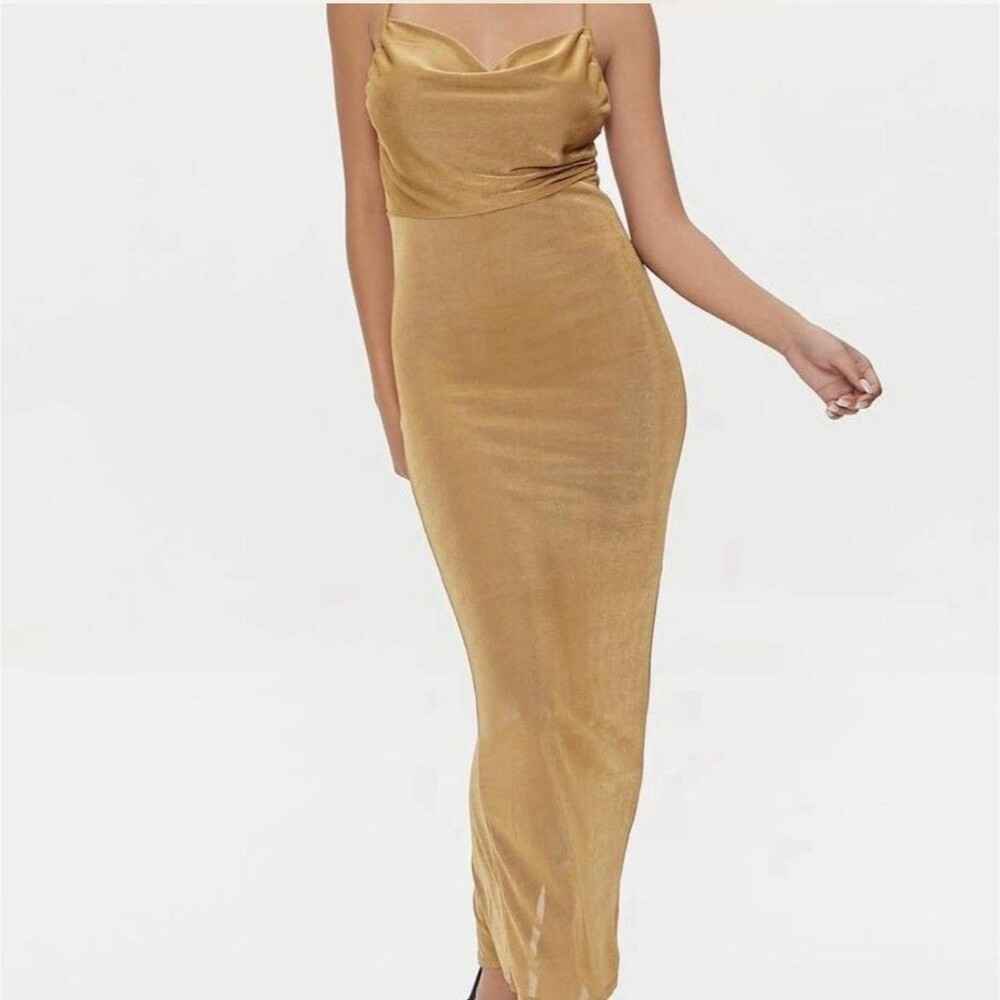 🖤Forever 21 Gold Velvet Slip Dress Midi Spaghetti Strap Bodycon Women M
